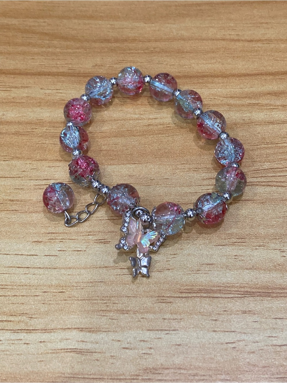 Butterfly Charm Beaded Bracelet Pink Multi Glass Beads